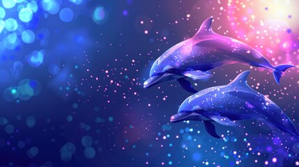 dolphins on a bright background with highlights, dots and lights.