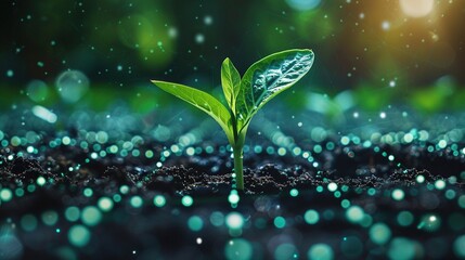 Big data. Smart farming and agriculture Innovation. A young corn sprout with a flow of data. Generative AI