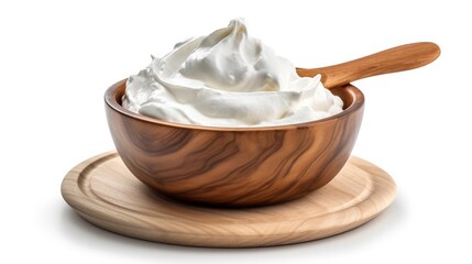 Sour cream in wooden bowl on white background