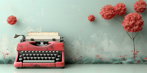 retro banner with red vintage typewriter with a blank sheet of paper and paper balls, top view, copy space.