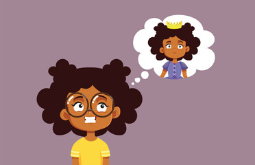 Little Girl Dreaming of Becoming a Princess Vector Cartoon. Cheerful child being proud to wear a princess costume at birthday party
