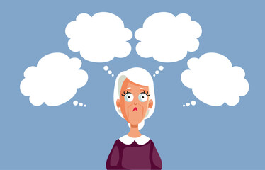 Elderly Woman Thinking of Many Things Vector Cartoon. Worried grandma making plans and deciding her future ahead 

