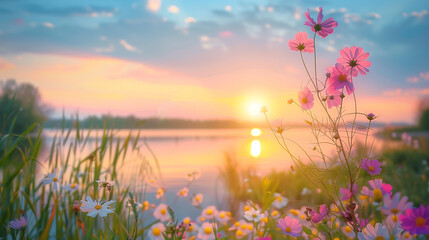 Obraz premium sunset over a river with pink flowers
