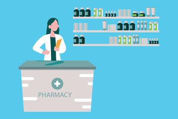 The female is standing in the pharmacy.
