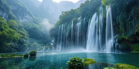Fototapeta premium An amazing panorama of magnificent waterfalls. Aesthetic atmosphere of peace and harmony. Generative AI