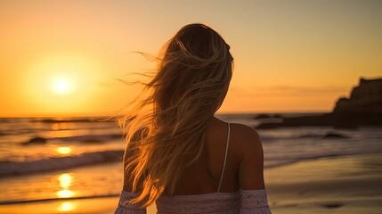 A woman with flowing hair and hat gazes at the serene beach sunset, capturing the peaceful and reflective moment..