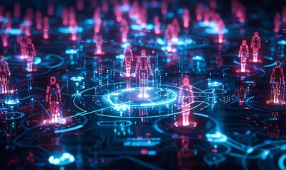 Fototapeta premium Compelling photo of a futuristic customer segmentation system with illuminated icons of people connected by glowing blue and pink lines, on a technologically advanced interface