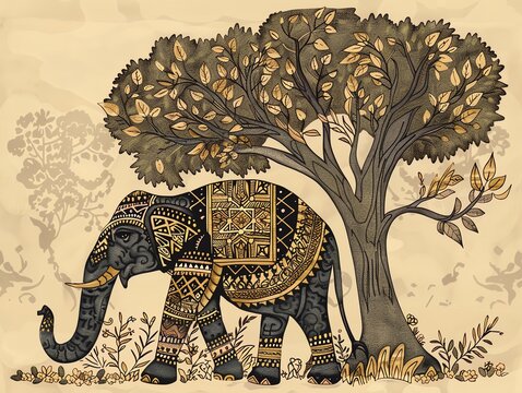 Ornate elephant with intricate patterns standing under a tree, in a traditional Indian style.