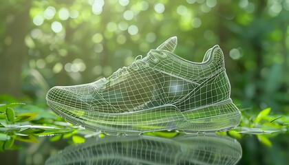 Futuristic wireframe shoe design set against a green background, highlighting technological innovation and eco-friendly concepts