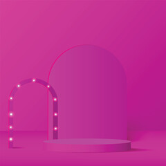 3d pink color podium with lighting and minimal pink wall scene Vector