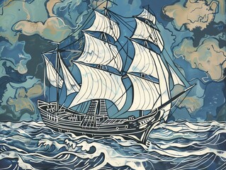 A block print style image of a sailing ship on the ocean, with detailed sails and waves