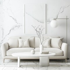 make for me a minimalist white living room mockup template that i can upload my landcape image on and post on my shop