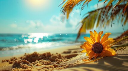Obraz premium Vibrant tropical beach scenes featuring straw hats, seashells, starfish, and colorful flowers, set against a serene ocean backdrop..