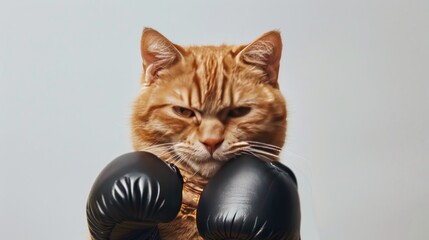 A cute orange tabby cat wearing big black boxing gloves, with an angry expression, isolated on a white background. An adorable and funny kitten ready for battle, with ample copy space.