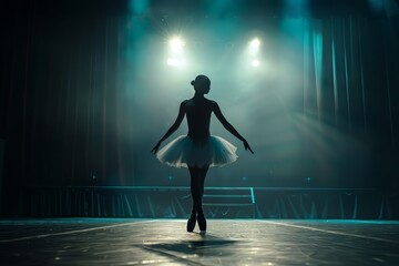 Silhouette of dancer in ballet shoes pointe performing in dark. a ballerina ballet dancer dancing...