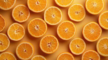 Top view of neatly arranged orange halves on white and orange backgrounds, showcasing the vibrant, fresh citrus fruit..