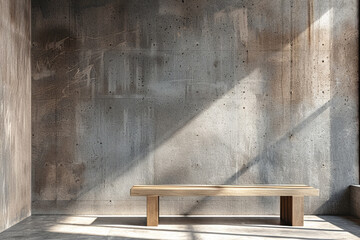 Wooden modern bench against concrete wall 