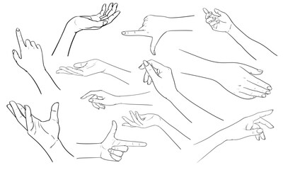 Hand action set collection back line skatch doodle on white background vector
