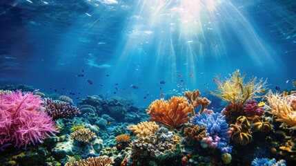 Highlight the underwater environment where submarine cables are installed, showcasing colorful coral reefs and diverse marine life coexisting alongside advanced artificial intelligence (AI).