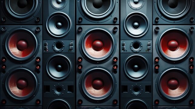 Generic design of loudspeakers for music and surround sound home theater systems, featuring party and concert audio stereo control with data design elements and ample copy space in the banner design.