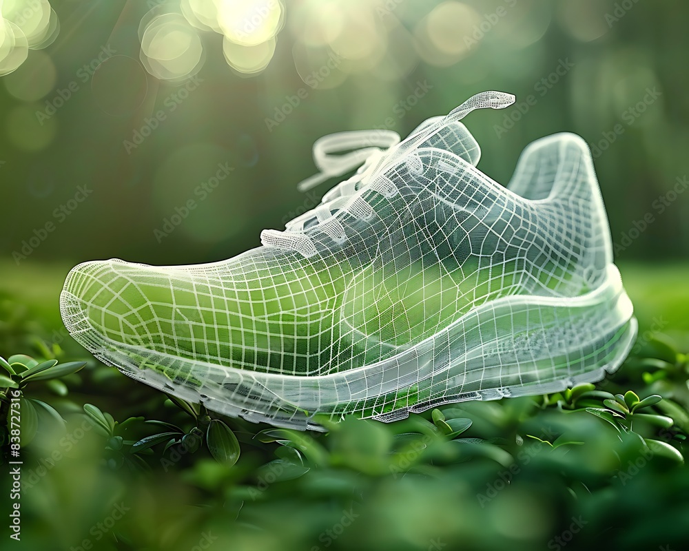 Poster detailed wireframe shoe design against lush green foliage, illustrating advanced virtual prototyping