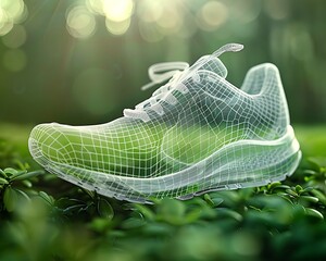 Detailed wireframe shoe design against lush green foliage, illustrating advanced virtual prototyping in an eco-friendly context