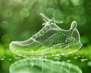 Detailed wireframe shoe design against lush green foliage, illustrating advanced virtual prototyping in an eco-friendly context