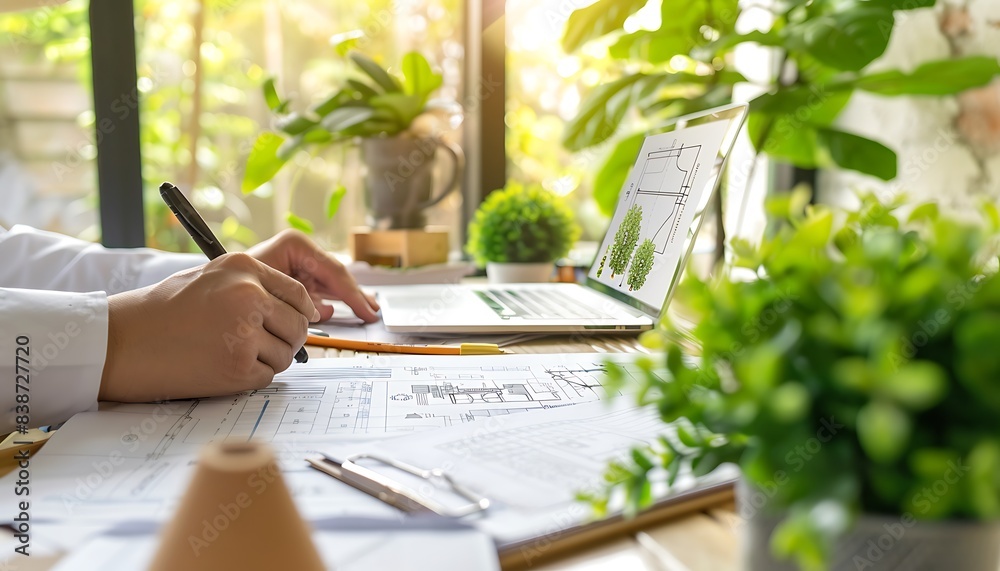 Poster eco-friendly workspace with hands calculating data amidst lush green plants, emphasizing sustainabil