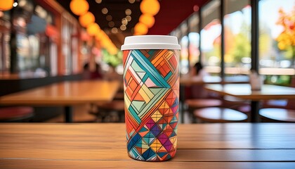 A vibrant travel mug with a geometric pattern, perfect for enjoying your favorite beverage on the go.