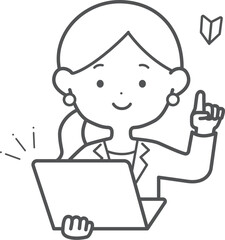 ノートPCを持って説明する女性（線のみ）