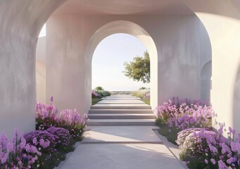 Fototapeta premium An arched wall with stairs leading to an open space, arches and flowers in the foreground, light beige walls, a natural landscape background