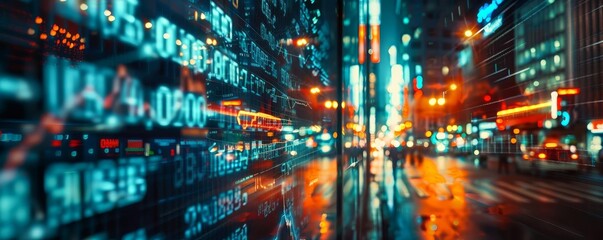 Naklejka premium Collage of ticker symbols with scrolling market information, trading charts, and financial indicators