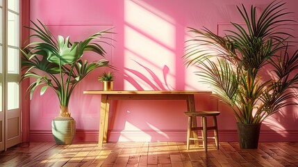 Sunlit room with pink walls, wooden table, and various potted plants creating a vibrant and cozy indoor setting..