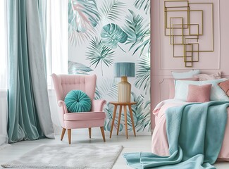 A light pink and turquoise bedroom with palm leaf wall paper, white walls, pastel colors, a pink chair near the bed with blue