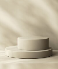 Two layers beige podium on counter, soft beautiful dappled sunlight, leaf shadow on brown texture wall for luxury organic cosmetic, skincare, beauty treatment product background 3D