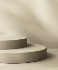 Two layers beige podium on counter, soft beautiful dappled sunlight, leaf shadow on brown texture wall for luxury organic cosmetic, skincare, beauty treatment product background 3D