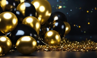 beautiful gold and black balloons and confetti in an elegant interior on a black background