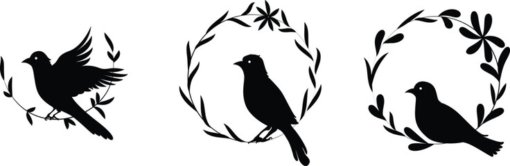 silhouette bird and circle leaves on transparent background, vector design	