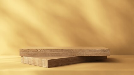 Brown wood plank podium on counter, soft beautiful dappled sunlight, leaf shadow on yellow wall for...