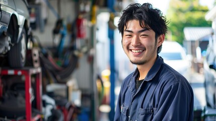 Naklejka premium 笑顔のアジア人自動車整備士03