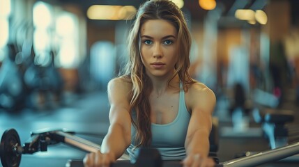 Woman Using Rowing Machine in Gym with Shallow Depth of Field