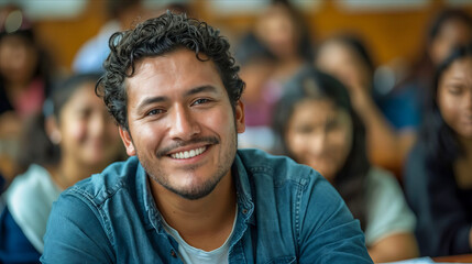 Fototapeta premium A smiling man in front of a classroom.