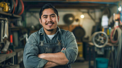 Obraz premium A smiling man in a garage with his arms crossed.