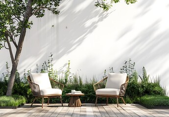 A modern outdoor lounge area with two chairs and coffee table on wooden floor, white wall background, green grass hedges and plants, side view, 3d rendering illustration, high resolution photography,