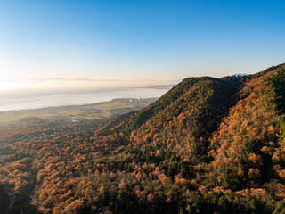 紅葉する早朝の比良山　空撮