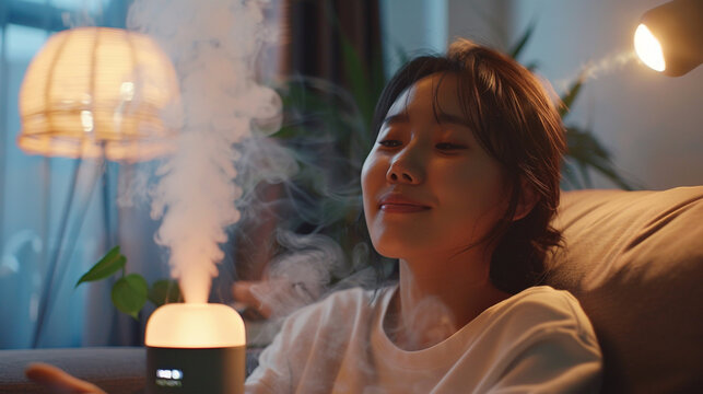 Modern air humidifier while relaxing or taking rest, asian young woman, girl enjoying aromatherapy steam scent from essential oil diffuser comfortable in living conditions room,apartment at home