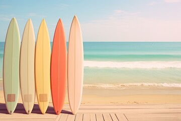 Vibrant surfboards lined up on a sandy beach with clear blue ocean and sky in the background, perfect summer scene..