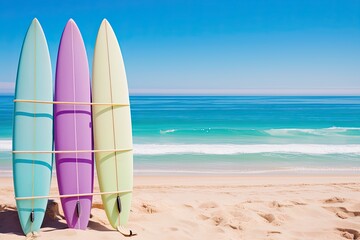 Vibrant surfboards lined up on a sandy beach with clear blue ocean and sky in the background, perfect summer scene..