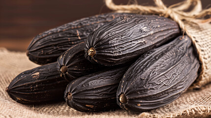 Tonka beans. Fruit of the Dipteryx odorata tree.  dark, elongated seeds tied together with twine, resting on a textured surface.
