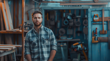 A man standing in a workshop with tools.